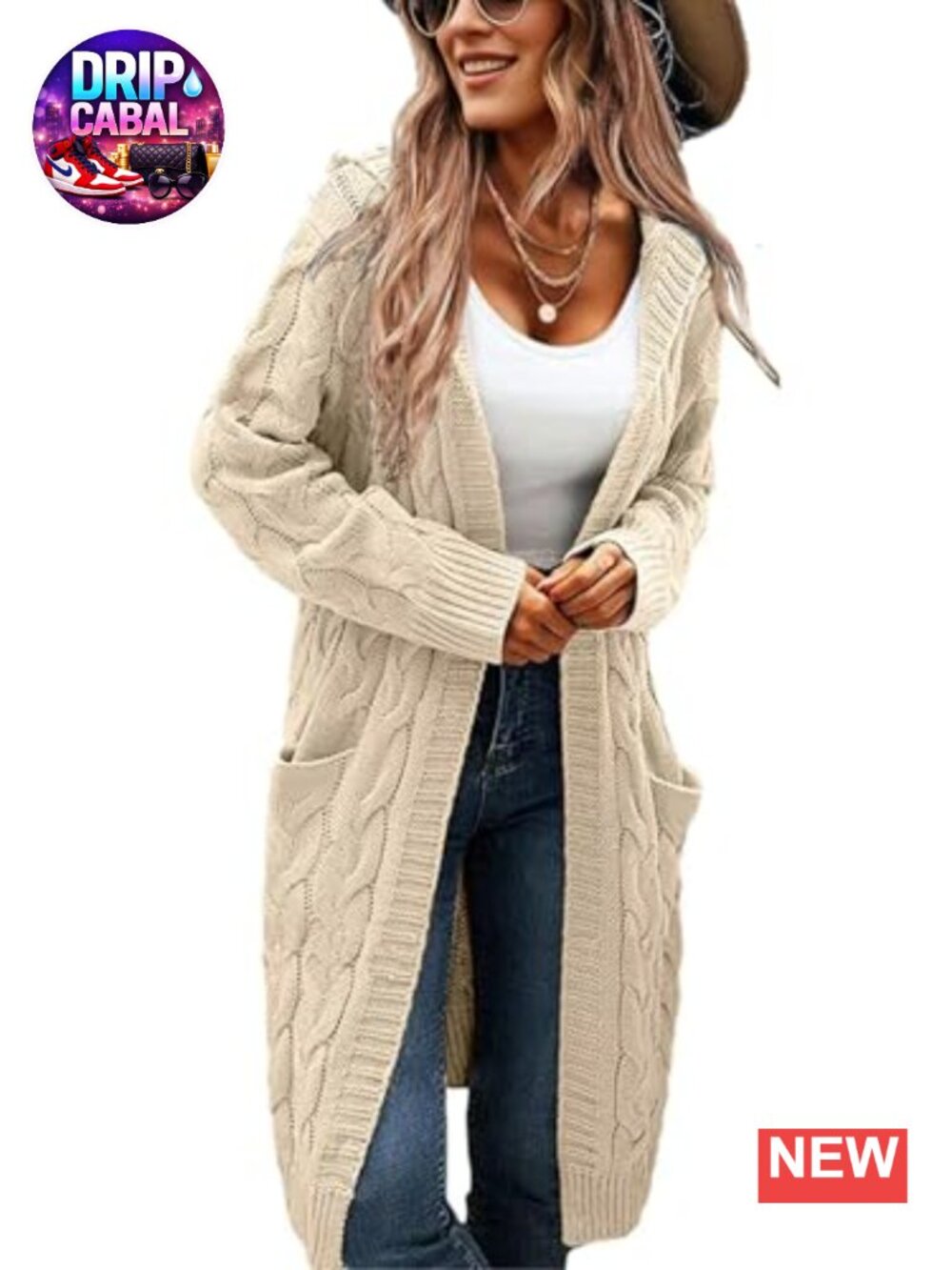 Women's Hooded Cable Knit Long Cardigan with Pockets